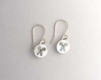 Hand Stamped Sterling Silver Scissor Earrings: Hairdresser Gift