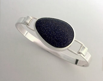 Blue Goldstone Tension Cuff, Bracelet, Sterling Silver, Handmade, Wandering Designs, Tension Bracelet, Statement Bracelet, Blue, Artisan