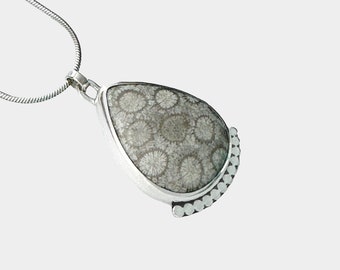 Handmade Fossil Coral Pendant: Sterling Silver Teardrop Necklace