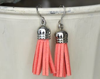 Silver and Pink Tassel Earrings- Pink Tassel Earrings- Coral Tassel Earrings- Pink Earrings- Tassel Earrings- Boho Earrings- Boho Jewelry