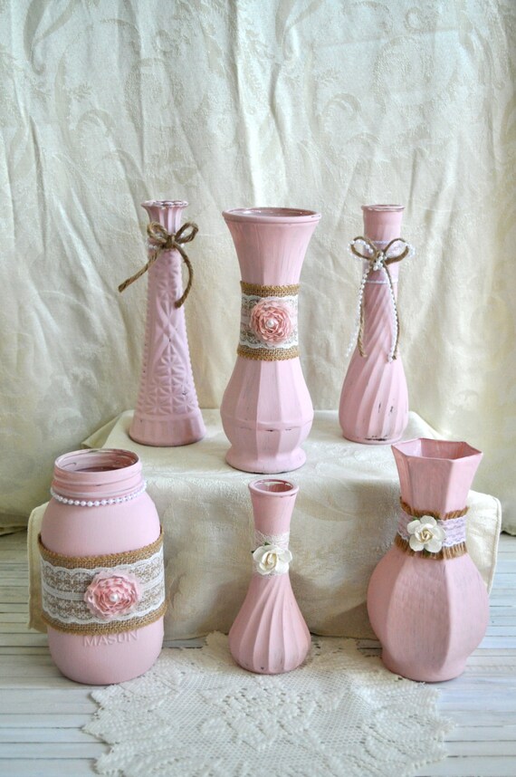 Items similar to Set of 6 Vases Country Rustic Shabby Chic Pink Burlap