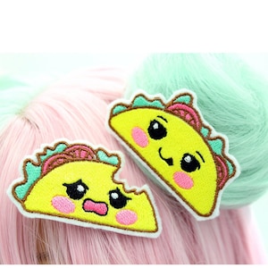 Kawaii Chibi Taco Hair Clip Set | Embroidered Themed Hair Accessories | Cute Chibi Food Clips | Taco lover gifts | Adorable Hair Decorations