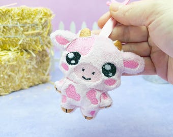 Chibi Strawberry Milk Cow Cute Bag Charm Plushie, Kawaii Farm Animal Keychain, Barnyard Animal Lover Gift For Her, Plush Cow Purse Clip