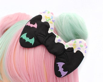Frosted Decoden Pastel Goth Bat Hair Bow - Lolita Fashion - Decora Accessories - Weeb Gifts - Gift For Teens - Harajuku Accessory