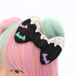 Frosted Decoden Pastel Goth Bat Hair Bow - Lolita Fashion - Decora Accessories - Weeb Gifts - Gift For Teens - Harajuku Accessory