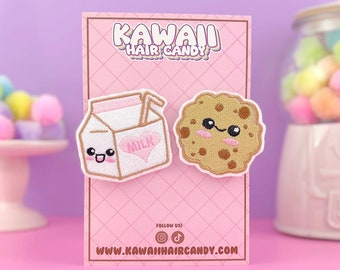 Kawaii Milk And Cookie Hair Clips, Chibi Style Cute Food Accessories, Pastel Cutecore Barrettes, Kawaii Clothing, Mismatched Hair Clips,