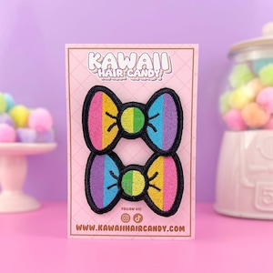 Rainbow Anime Bow Hair Clip Set | Rainbow Pride Gifts | Lgbtq Accessories | Pride Month | Pigtail Bows | Birthday Outfit | Decora Fashion