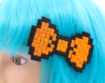 Pixel Art Hair Bows - Gamer Girl Aesthetic Accessories - Video Game Gifts - Neon Orange