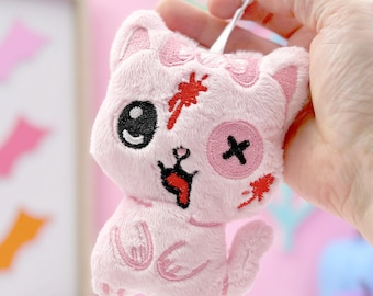 Undead Chibi Kitty Plush Bag Charm Keychain, Gurokawa Halloween Zipper Pull Backpack Charm Plushie, Spooky Pastel Goth Purse Gift For Her