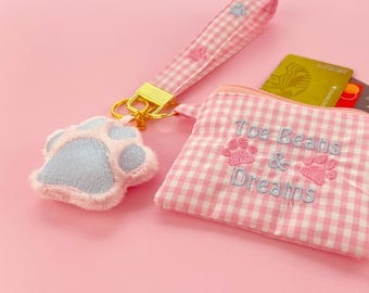 Kawaii Pink Checkered Cat Lover Keychain Wristlet Wallet, Cat Lover Wristlet with Plush Paw Charm, Kawaii Accessories, Kitty Bag Keyring