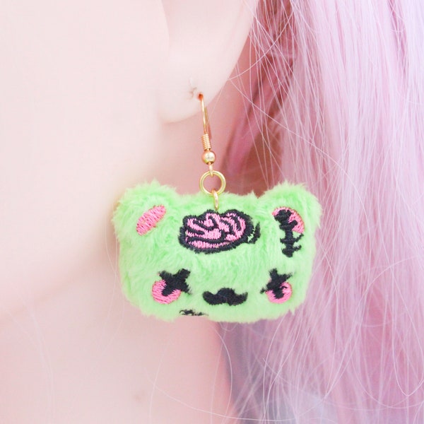 Kawaii Plush Zombie Bear Anime Earrings For Halloween - Handmade in the USA - Plushie Lover Gift - Harajuku Clothing - Cute Accessories