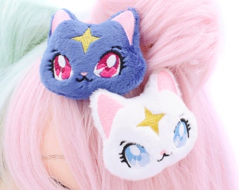 Plush Anime Style Kawaii Celestial Cat Hair Clip Set, Kawaii Clothing, Cute Harajuku Accessories, Cat Lovers Gift, Crazy Cat Lady, Weeb Shop