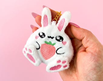Kawaii Chibi Bunny Plush Keychain, Soft Plushie Keyring Accessory, Bunny Lover Gift For Her, Cute White Rabbit Bag Charm for Bunny Lovers