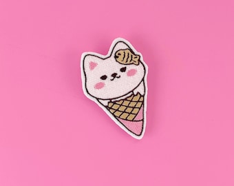 Kawaii Kitty Ice Cream Hair Clip, Sweet Hair Accessory, Embroidered Hair Clip, Cute Accessories, Fun Hair Clip for Girls, Weeb Gift For Her