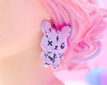 Creepy Cute Dead Bunny Plush Earrings, Gurokawa Pastel Goth Earrings, Plush Gothic Jewelry, Kawaii Goth Earrings, Summerween Gifts For Her