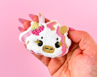 Strawberry Cow Keychain, Kawaii Pink Animal Plush Charm, Cute Bag Accessory, Gift for Teen, Purse Backpack Charm, Cow Lover Gift For Her