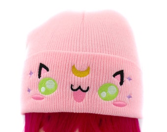 Kawaii Cute Anime Moon Cat Embroidered Knit Beanie Winter Hat - Kawaii Clothing - Harajuku Accessories - Web Gifts - Anime Gifts