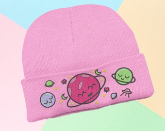 Super Cute Kawaii Outer Space Beanie Hat - Ufo Clothing - Alien Lovers - Kawaii Clothing -  Cute Hat - Embrodered Knit Beanie Hat