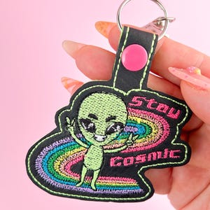Stay Cosmic Rainbow Alien Keychain, Cute Alien Bag Charm, Space Aesthetic Keychain, UFO Keychain, Kawaii Alien Gift, Handmade Snap Tab Charm