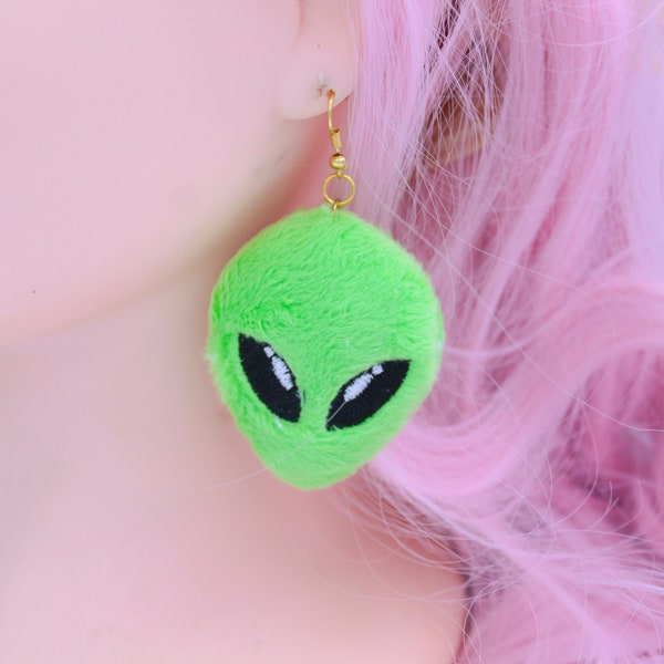 Green Alien Plushie Head Earrings | Ufo Spaceship Gift | Retro Fashion | Rave Accessories | Rave Outfit | Festival Streetwear