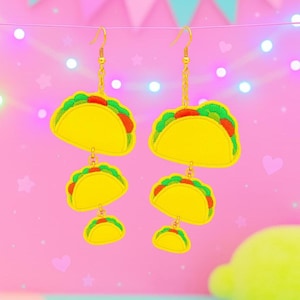 Cute Kawaii Taco Earrings – Embroidered Taco Dangle Jewelry – Faux Leather Lettuce & Tomato Earrings – Cinco de Mayo Food Earrings