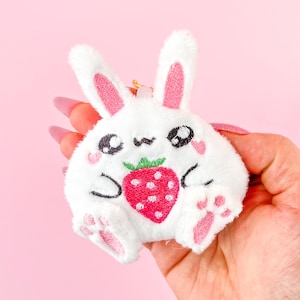 Kawaii Chibi Strawberry Bunny Plush Keychain - Cute White Rabbit Bag Charm for Bunny Lovers - Soft Plushie Keyring Accessory, Gift For Her
