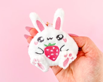 Kawaii Chibi Strawberry Bunny Plush Keychain - Cute White Rabbit Bag Charm for Bunny Lovers - Soft Plushie Keyring Accessory, Gift For Her