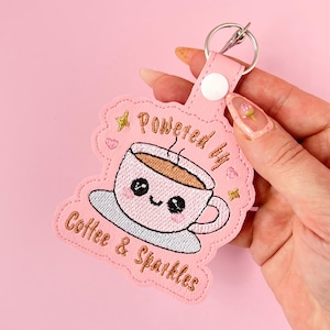 Powered by Coffee and Sparkles Keychain, Kawaii Snap Tab, Coffee Lover Gift, Cute Bag Charm, Coffee Cup Aesthetic Keychain, Made In USA