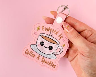 Powered by Coffee and Sparkles Keychain, Kawaii Snap Tab, Coffee Lover Gift, Cute Bag Charm, Coffee Cup Aesthetic Keychain, Made In USA