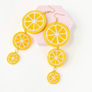 Lemon Slice Fruit Earrings – Dangle Citrus Earrings – Yellow Faux Leather Embroidered Fruit Jewelry – Summer Statement Earrings