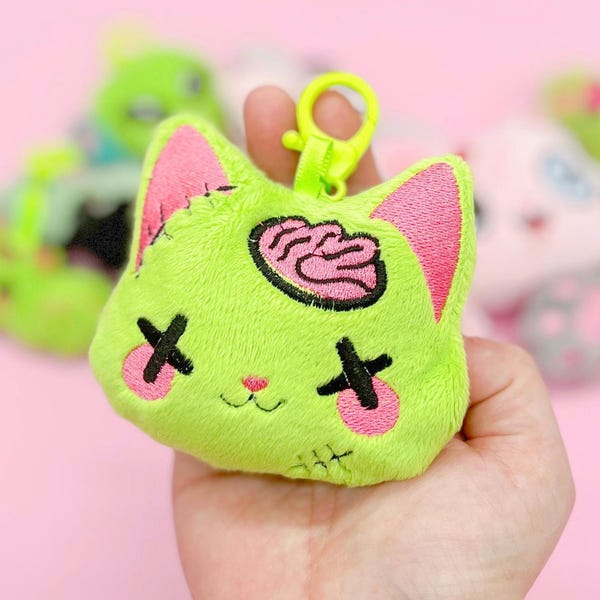 Griezelige schattige zombiekat pluche tasbedel, Gurokawa Halloween Undead Kitty ritssluiting rugzakbedel plushie, Spooky pastel Goth-sleutelhanger,