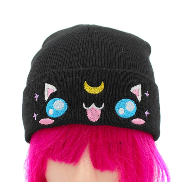Kawaii Moon Cat Beanie Hat Kawaii Clothing Super Cute Kawaii Cute Hat Pastel Goth Clothing Bordado Knit Beanie Hat Etsy Mexico