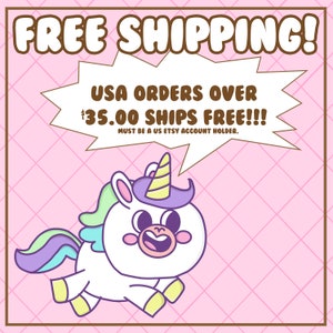 May include: A cartoon unicorn with a purple mane and yellow horn is flying through the air. A speech bubble above the unicorn says "USA ORDERS OVER $35.00 SHIPS FREE!!! MUST BE A US ETSY ACCOUNT HOLDER."