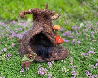 Needle Felted, Hollow log with bear- Soft sculpture-Hand made-Felt bears,Christmas, Gift
