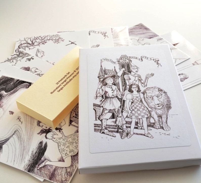 Wizard of Oz Gift Set, Story Cards, black and white drawings, Postcards Set image 1