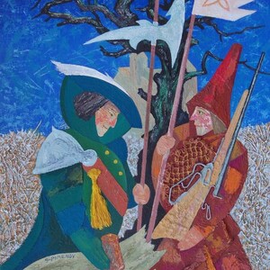 Könnte beinhalten: Ein Gemälde, das zwei Figuren in einer fantastischen Umgebung zeigt. Eine Figur trägt eine grüne und blaue Robe mit einem gelben Quasten, die eine Lanze hält. Die andere Figur trägt eine rote und orangefarbene Robe mit einem weißen Hut und hält ein Gewehr. Im Hintergrund ist eine weiße Flagge mit einem Triquetra-Symbol zu sehen.