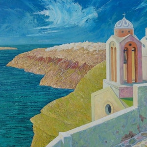 Santorin Dream - Vue de l&#39;île grecque - huile sur toile