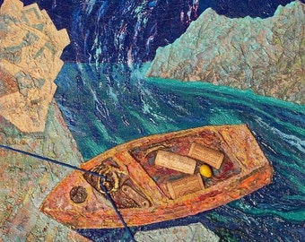 Old Boat painting, oil, found objects, assemblage on canvas