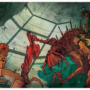May include: A digital illustration of a red and orange creature with sharp teeth and claws, attacking a person in a brown and orange suit. The background is a faded green and brown with a grid pattern.