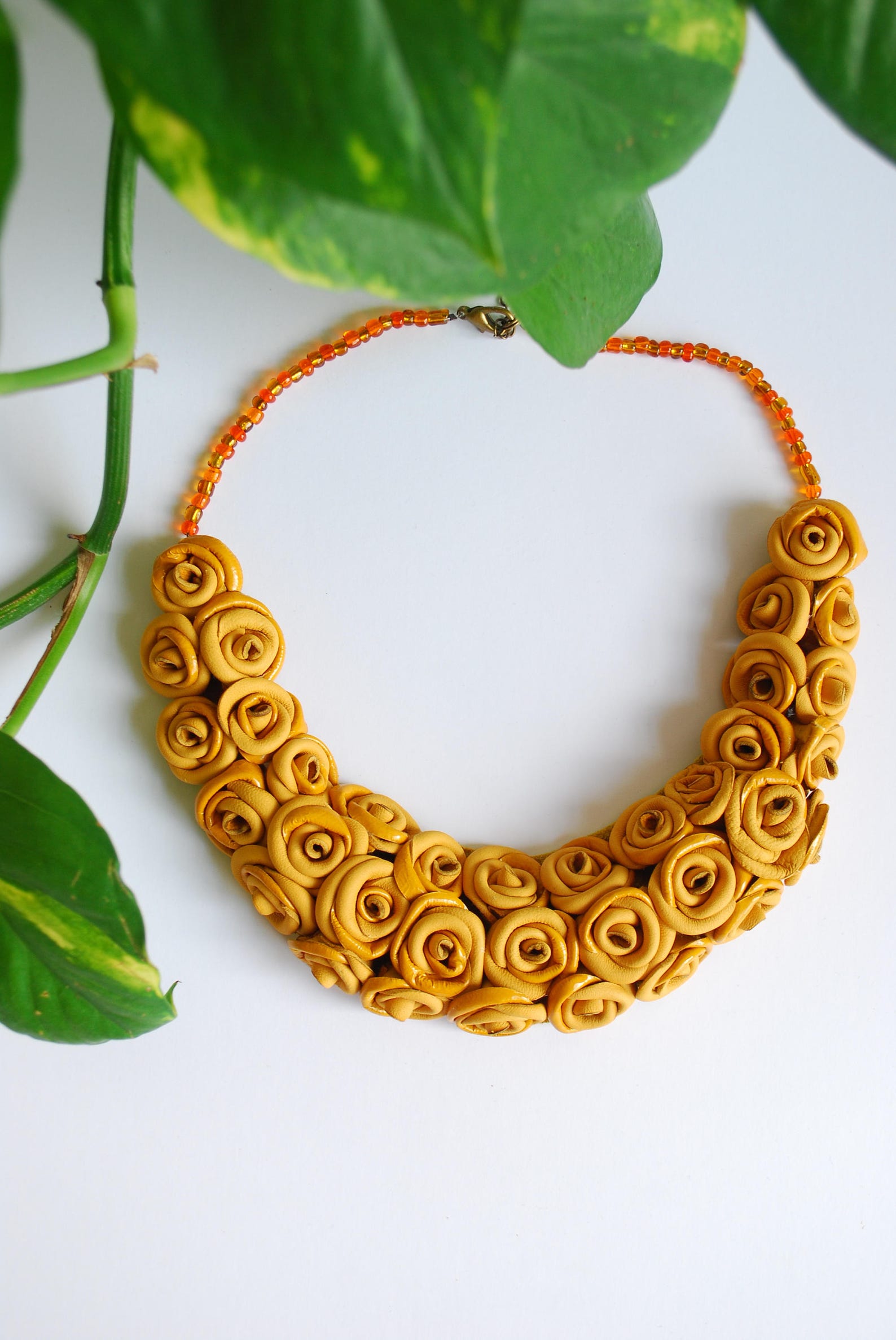 Mustard Leather Necklace Statement Jewellery Bib Yellow Etsy