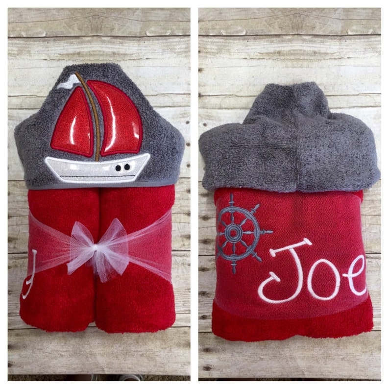 Sailboat Hooded Towel Nautical Baby Shower Sailor Baby Nautical Bathroom Ocean Decor Sea Decor Beach Decor YOUR COLOR CHOICE