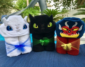Dragon Hooded Towel/ Black Dragon Hooded Towel/ White Dragon Hooded Towel/ Girl Dragon Towel/ Boy Dragon/ Pool Towel/ Beach Towel