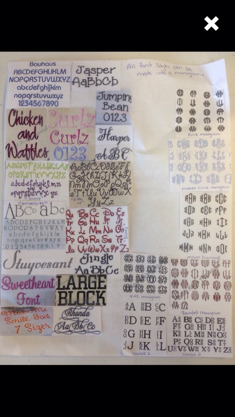 K&ouml;nnte beinhalten: Eine Sammlung von Schriftproben f&uuml;r Stickereien, darunter Bauhaus, Jasper, Jumping Bean, Curly, Harper, Jingle, Stuyvesant und Large Block. Die Proben umfassen Gro&szlig;- und Kleinbuchstaben, Zahlen und Satzzeichen. Die Schriften werden in verschiedenen Stilen angezeigt, darunter Schreibschrift, Blockschrift und Kursivschrift.