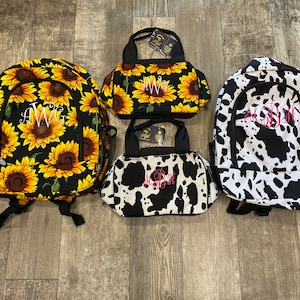 Ensemble sac à dos et boîte à lunch assortis/ Sac à dos camion de pompier/ Cartable à imprimé vache/ Sac à dos tournesol/ Bottes de cowboy pour la rentrée