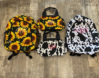 Passender Rucksack und Lunchbox Set/ Feuerwehrauto Rucksack/ Kuh Print Büchertasche/ Sonnenblumen Rucksack/ Cowboy Boots Back To School