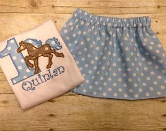 Azul Polka Dot chicas traje de cumpleaños del caballo / chicas cumpleaños camisa del caballo / camisa de caballo personalizada y conjunto de traje de cumpleaños / occidental