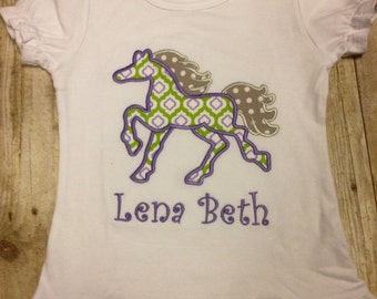 Girls Green & Purple Horse Shirt/ Personalized Girls Horse Shirt/ Horse Birthday Shirt/ Pony Shirt/ Monogrammed Pony Birthday Shirt/