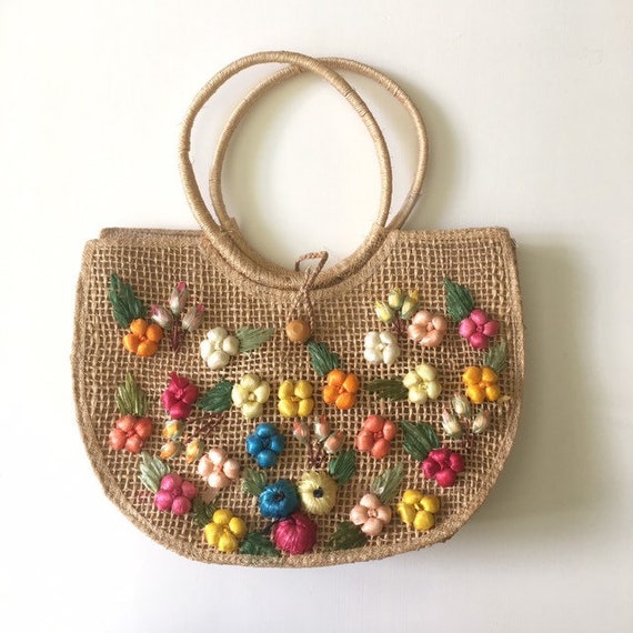 Vintage Cabana Bag with Multi Color Floral Raffia
