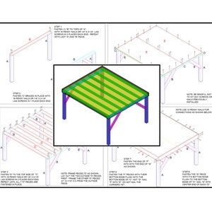 Könnte beinhalten: Diagramm, das die Schritte zum Bau eines Holztisches zeigt. Der Tisch besteht aus Holzbrettern und hat eine grüne Tischplatte. Das Diagramm zeigt die Schritte zum Zusammenbauen des Tisches, einschließlich des Anbringens der Beine, des Hinzufügens der Tischplatte und des Befestigen der Streben.