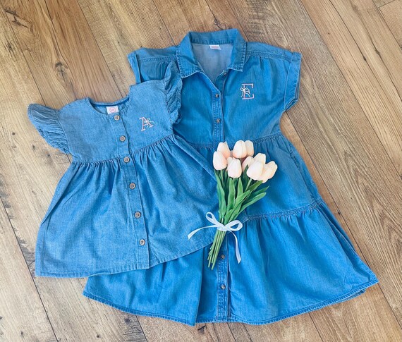 Toddler Girls Denim Dress Personalized Hand Embroidered Bow Initial Toddler Girls Denim Dress Personalized Hand Embroidered Bow Initial